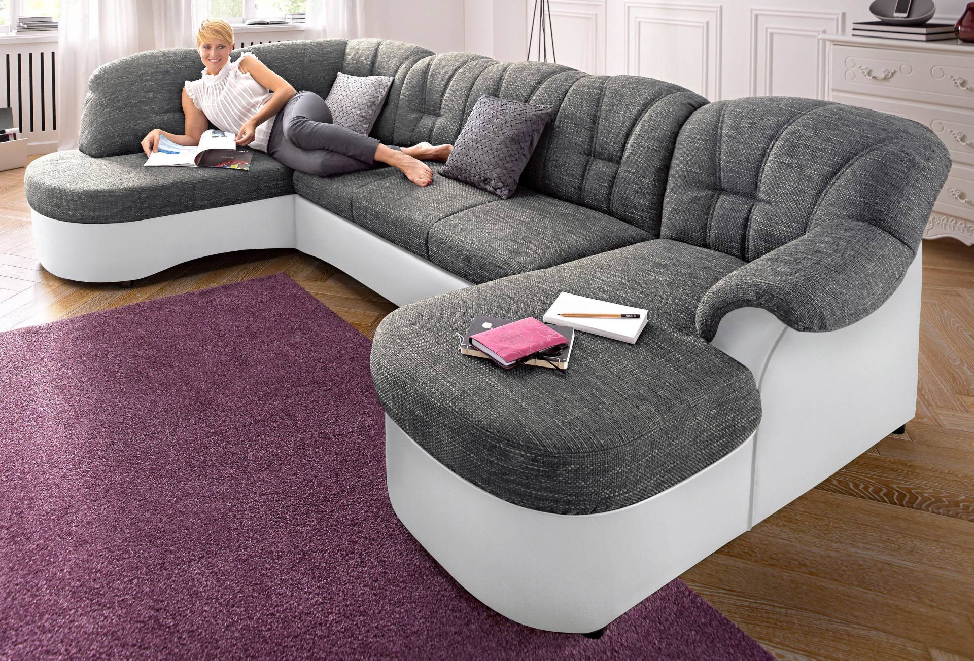 DOMO collection Wohnlandschaft »Flores auch in Leder-Bezug, B/T/H: 293/180/86 cm, U-Form«, wahlweise mit Bettfunktion, wahlweise mit Federkern, Schlafsofa von DOMO collection