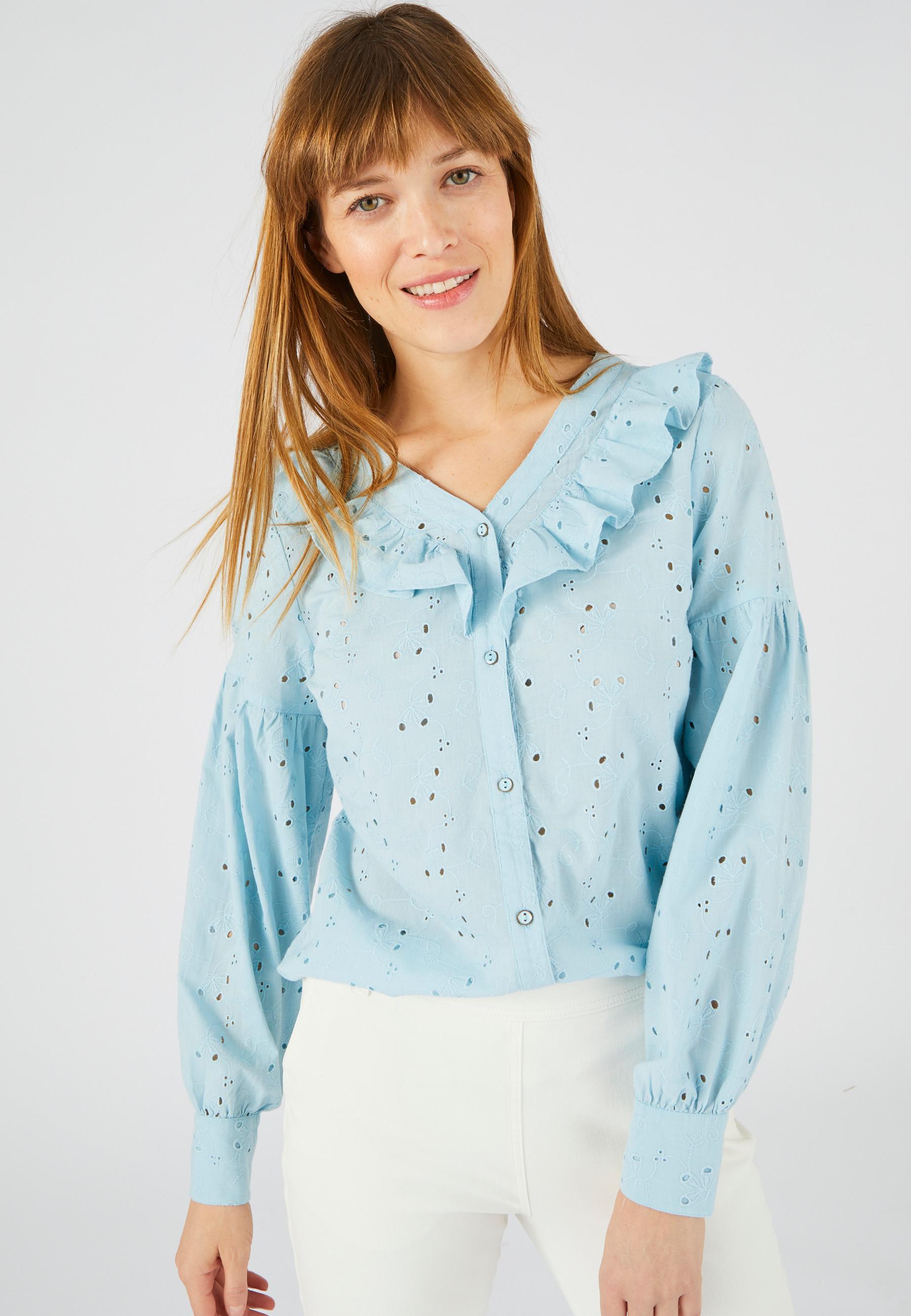 Bluse Mit Rüschen Und Lochstickerei Damen Blau 38 von Damart