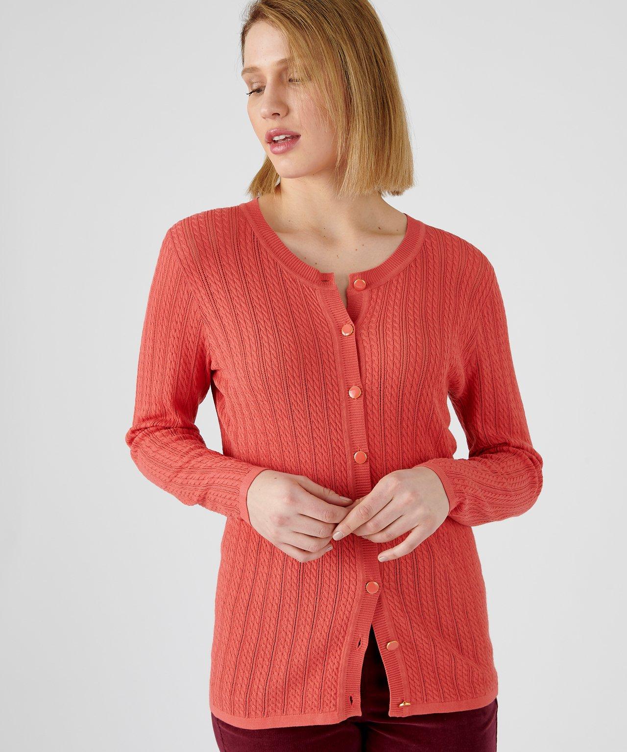 Cardigan Aus Feinstrick Mit Zopfmuster Und Ajours. Damen Rot 34-36 von Damart