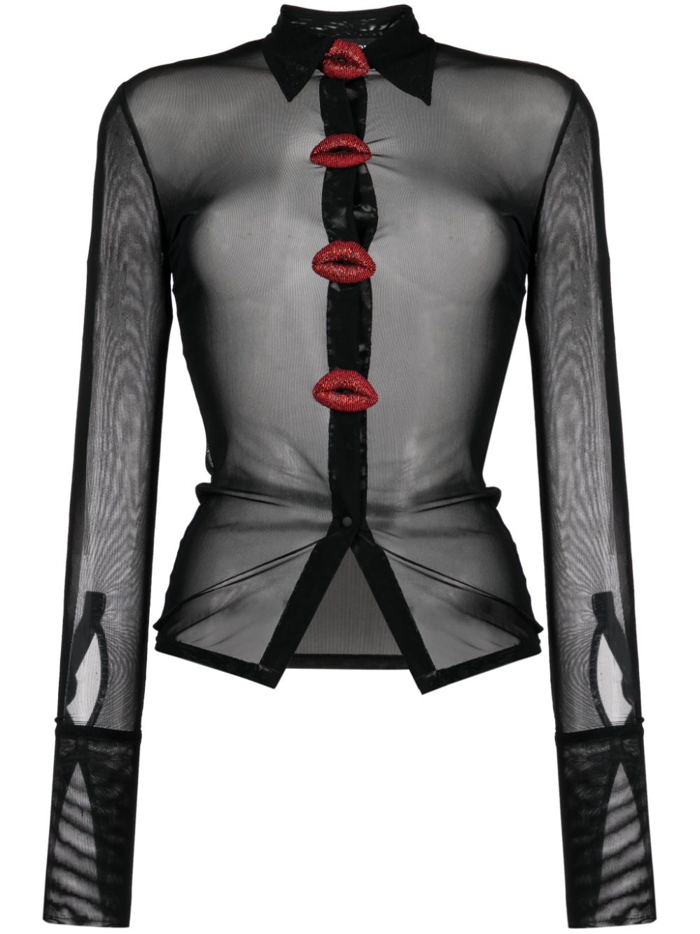 David Koma Crystal Lip-embroidered sheer shirt - Black von David Koma