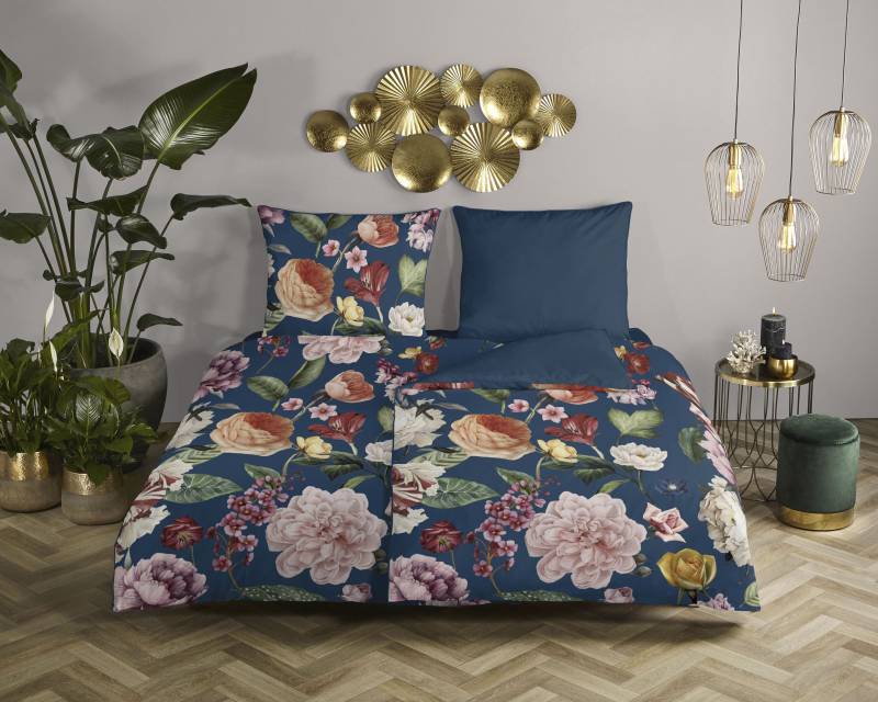 Descanso Wendebettwäsche »Fiori«, Baumwolle, Satin, 135x200, Biese, Reissverschluss, Wende, Blumen Sand von Descanso