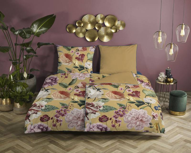 Descanso Wendebettwäsche »Fiori«, Baumwolle, Satin, 135x200, Biese, Reissverschluss, Wende, Blumen Sand von Descanso