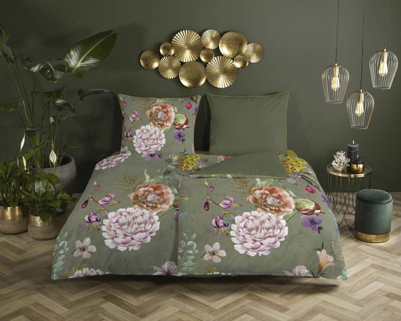 Descanso Wendebettwäsche »Parma«, Baumwolle, Satin, 135x200, Biese, Reissverschluss, Wendeoptik, Blumen von Descanso