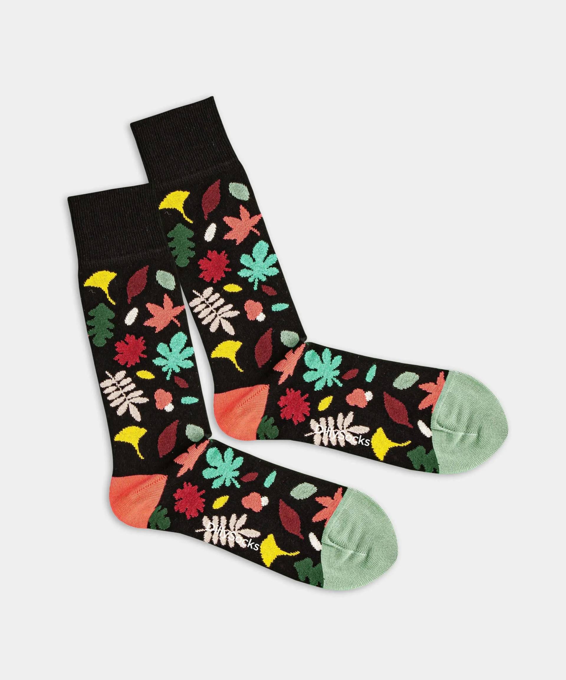 - Socken in Schwarz mit Blätter Motiv/Muster von DillySocks