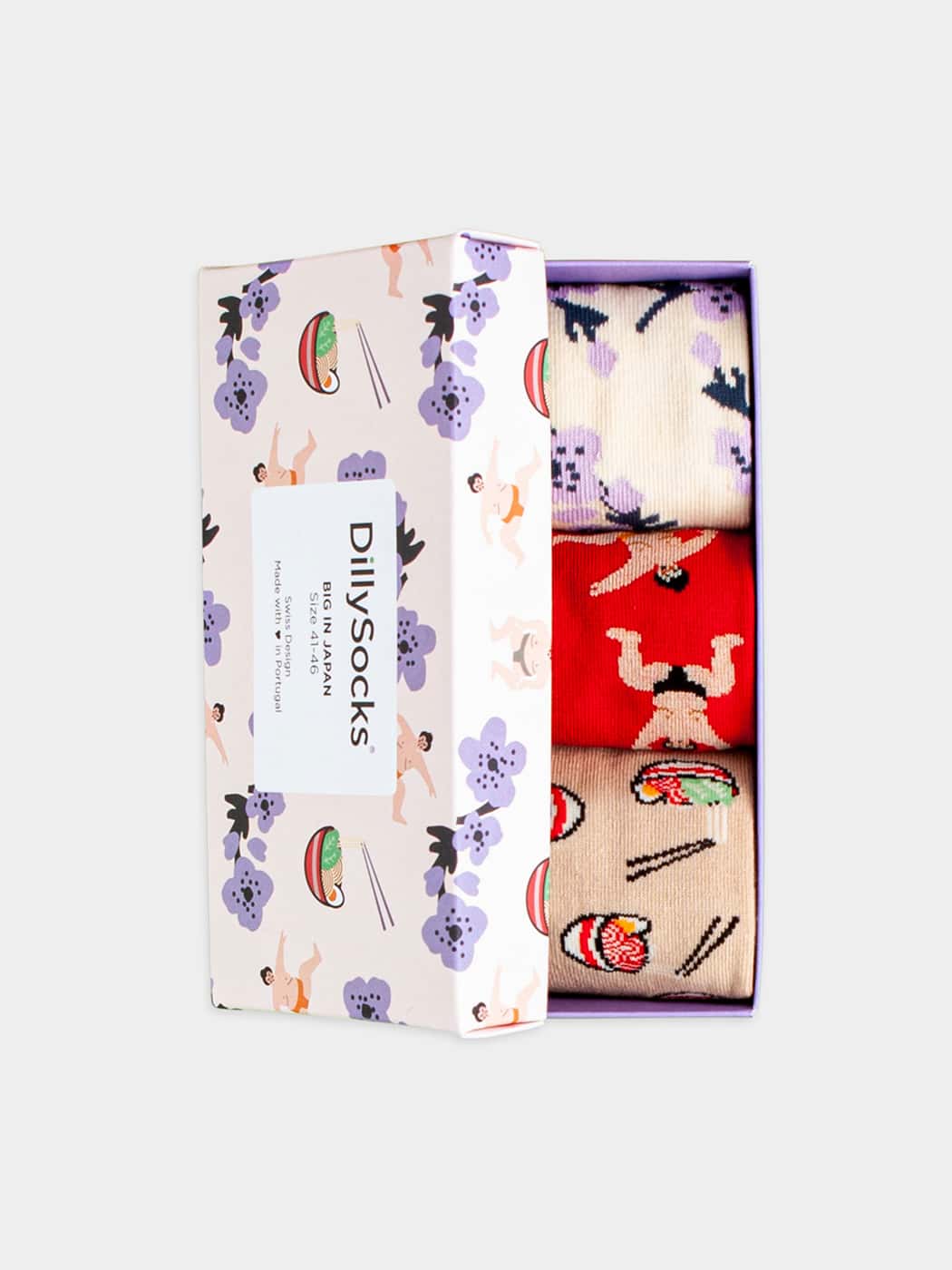 - Socken-Geschenkbox in Rot Braun Weiss mit Blumen Essen Motiv/Muster von DillySocks