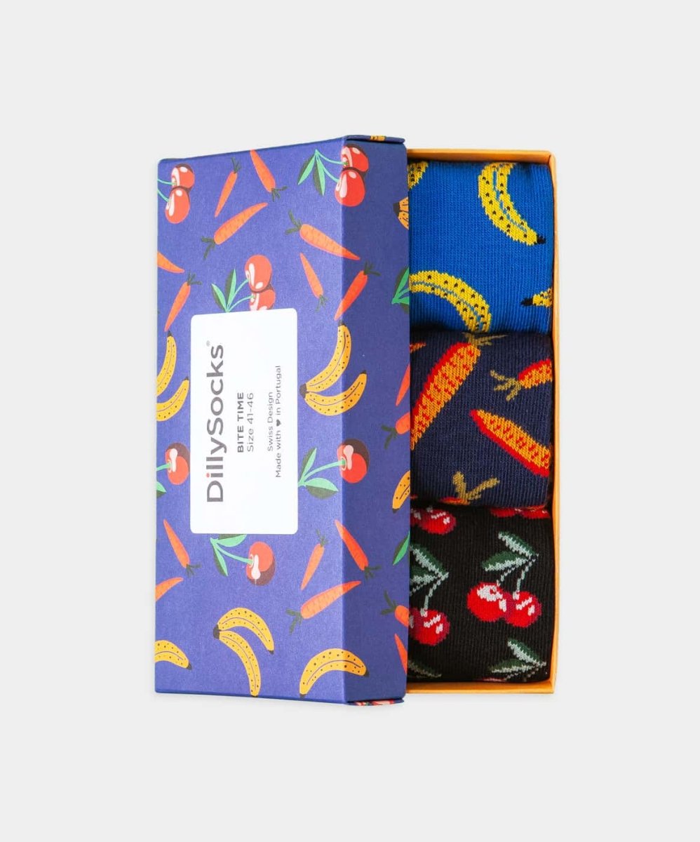 - Socken-Geschenkbox in Blau Schwarz mit Früchte Essen Motiv/Muster von DillySocks