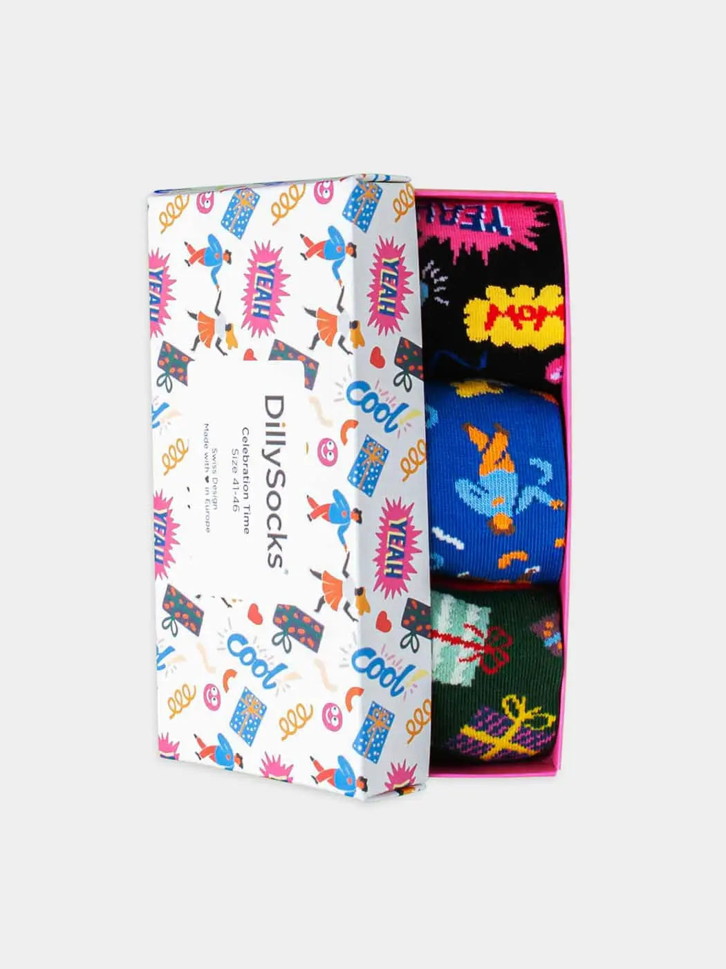 - Socken-Geschenkbox in Blau Schwarz Grün mit Party Motiv/Muster von DillySocks