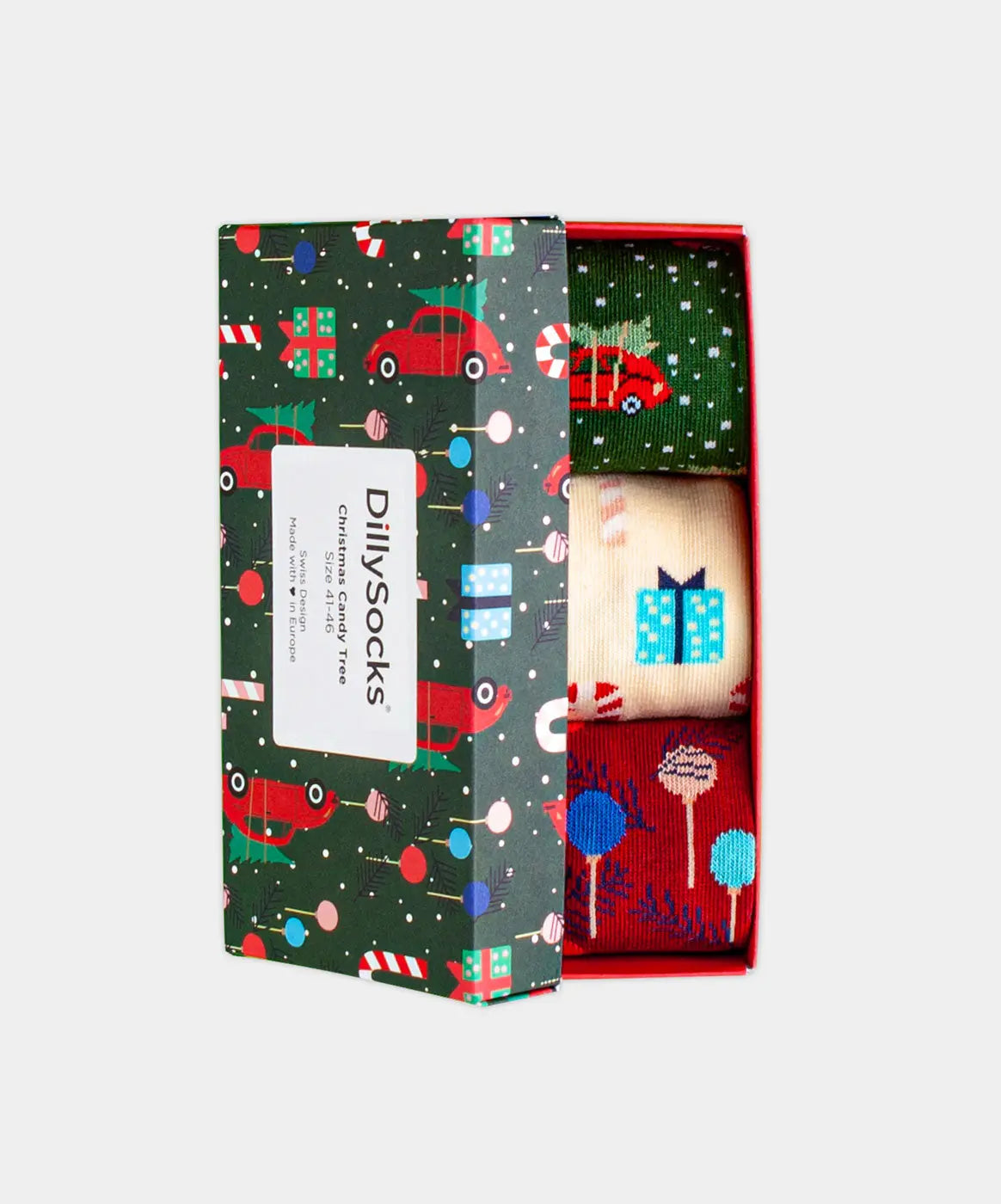 - Socken-Geschenkbox in Rot Beige Grün mit Weihnachten Motiv/Muster von DillySocks