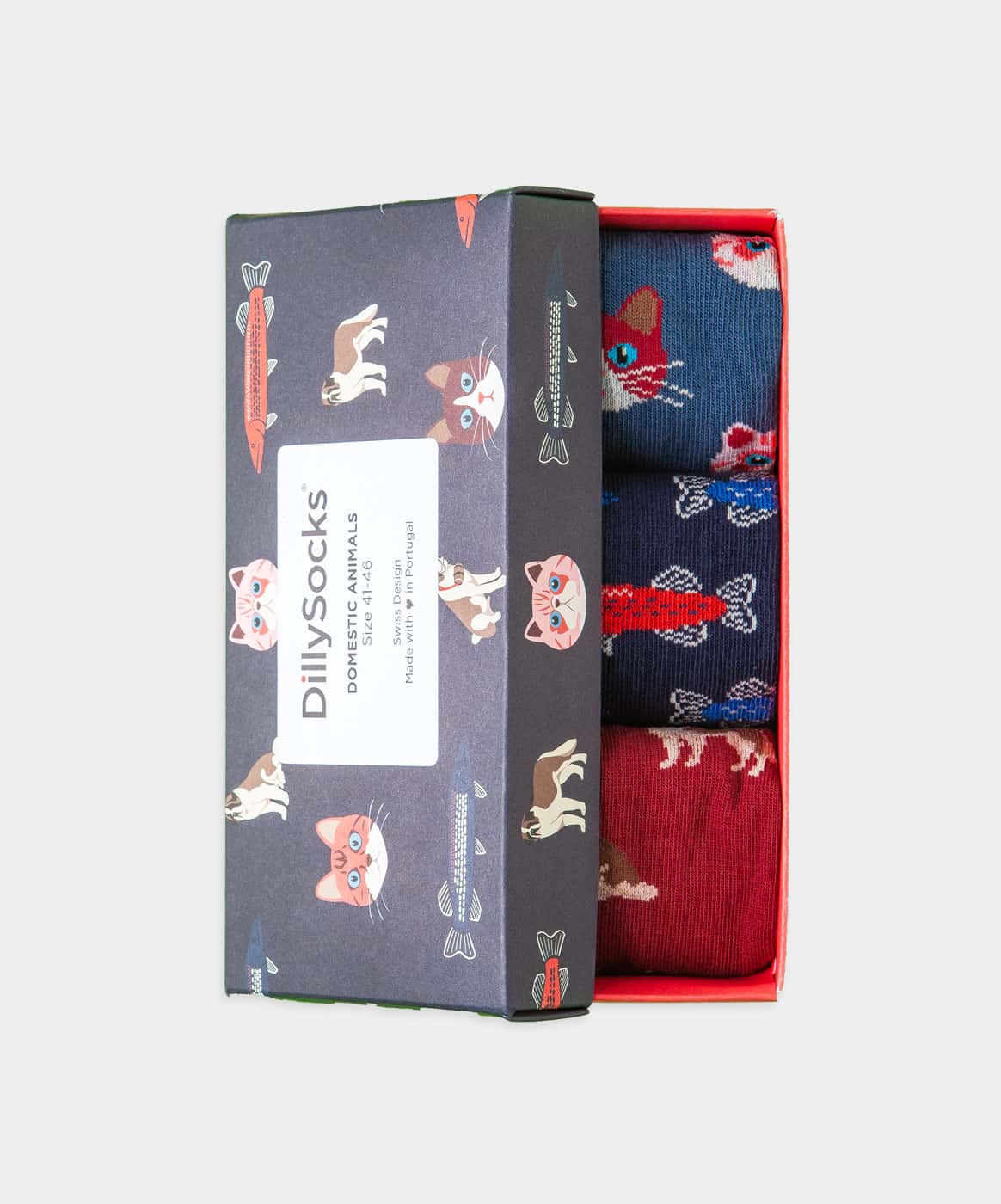 - Socken-Geschenkbox in Blau Rot mit Hund Tier Katze Motiv/Muster von DillySocks
