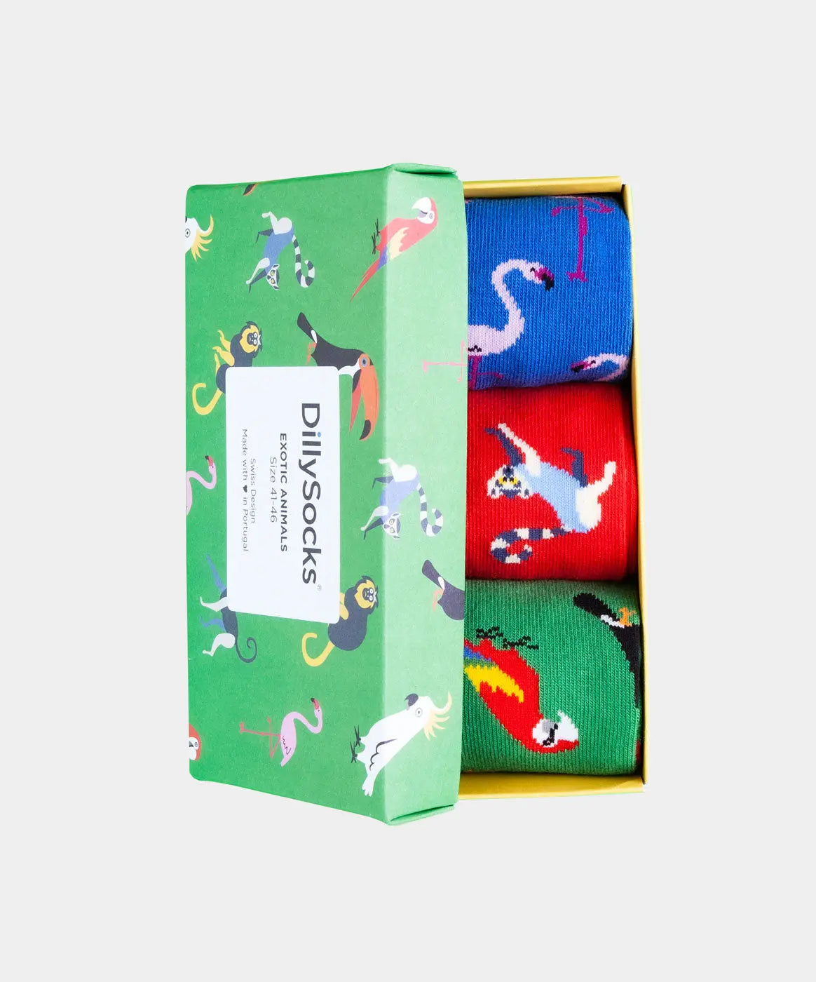 - Socken-Geschenkbox in Blau Rot Grün mit Tier Flamingo Motiv/Muster von DillySocks
