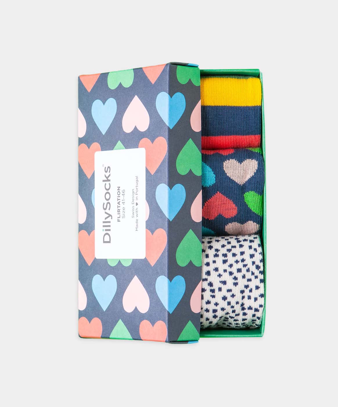 - Socken-Geschenkbox in Blau Weiss Rosa mit Herz Punkte Motiv/Muster von DillySocks