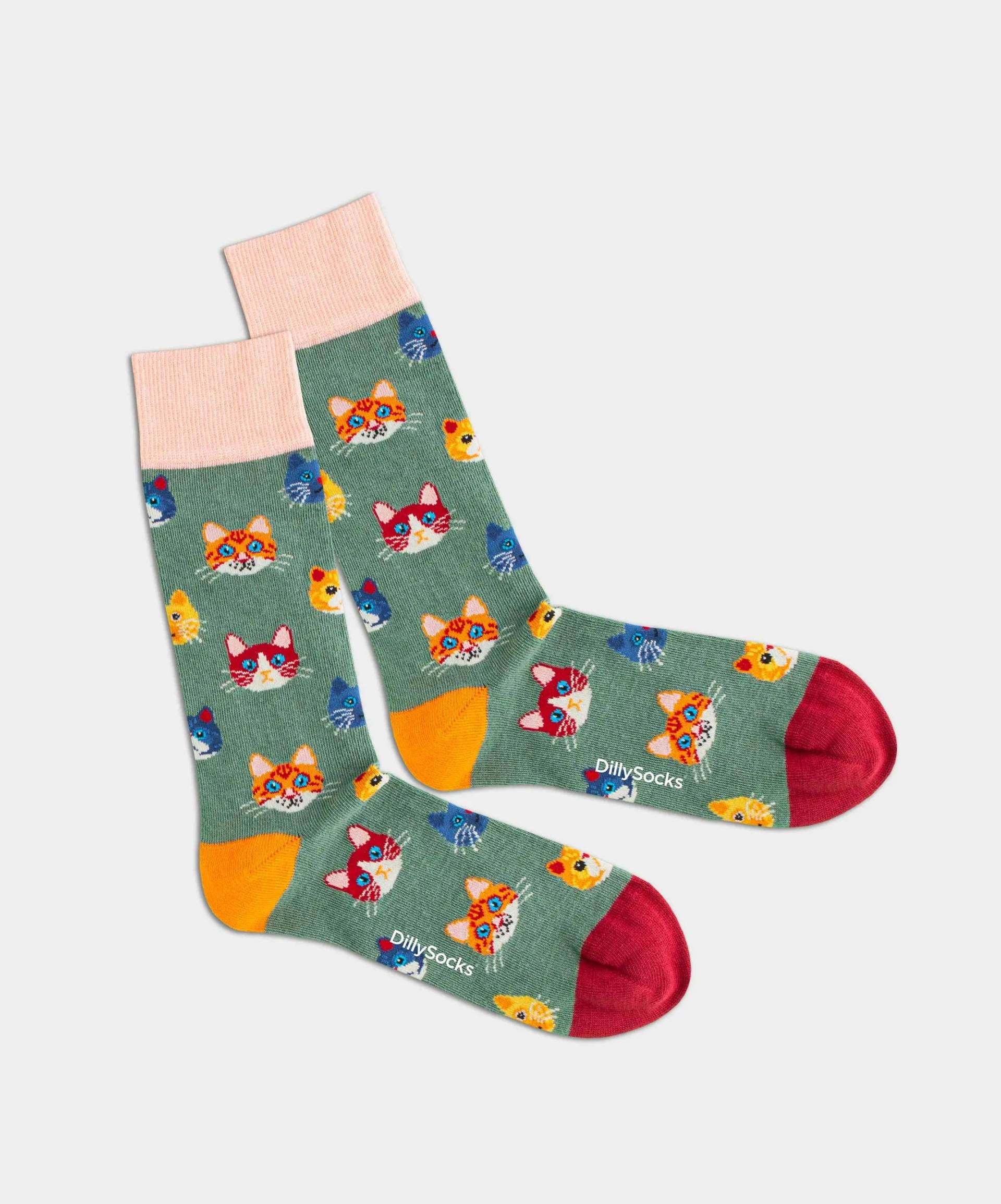 - Socken in Grün mit Tier Katze Motiv/Muster von DillySocks