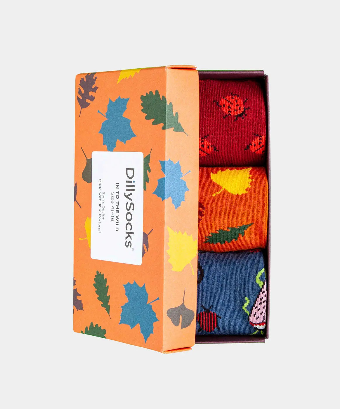 - Socken-Geschenkbox in Blau Rot Orange mit Käfer Blätter Motiv/Muster von DillySocks