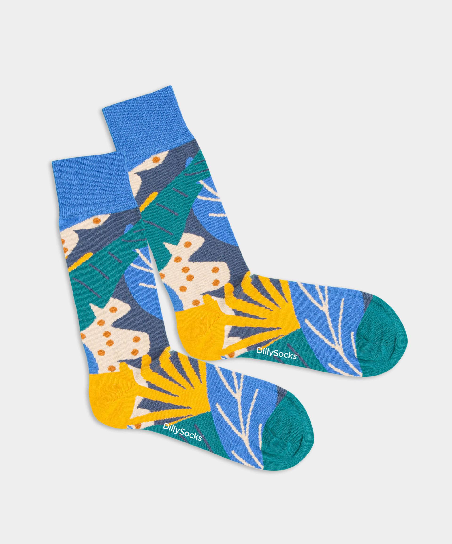 - Socken in Blau mit Blätter Motiv/Muster von DillySocks