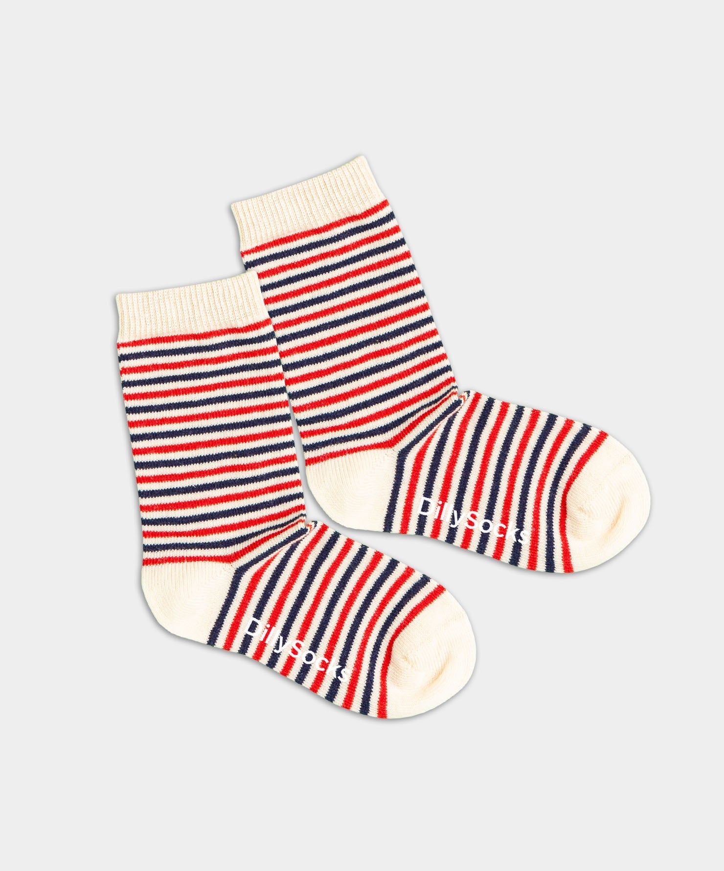 - Kindersocken in Blau Rot Beige mit Streifen Motiv/Muster von DillySocks