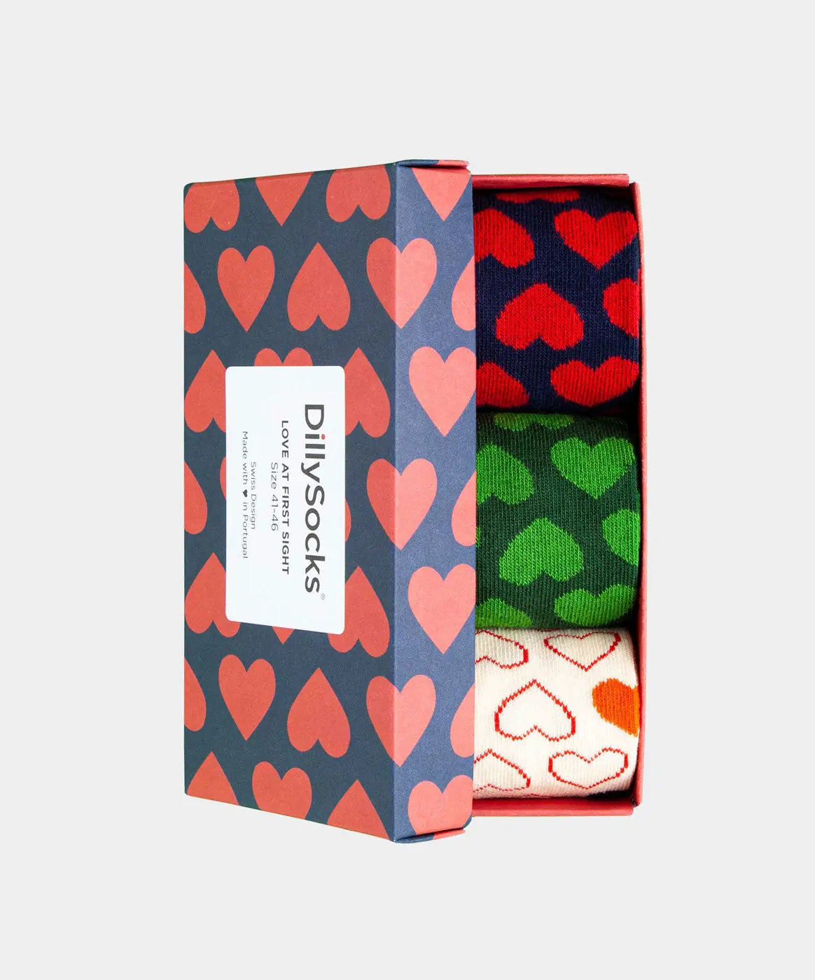 - Socken-Geschenkbox in Blau Rot Beige Grün mit Herz Motiv/Muster von DillySocks