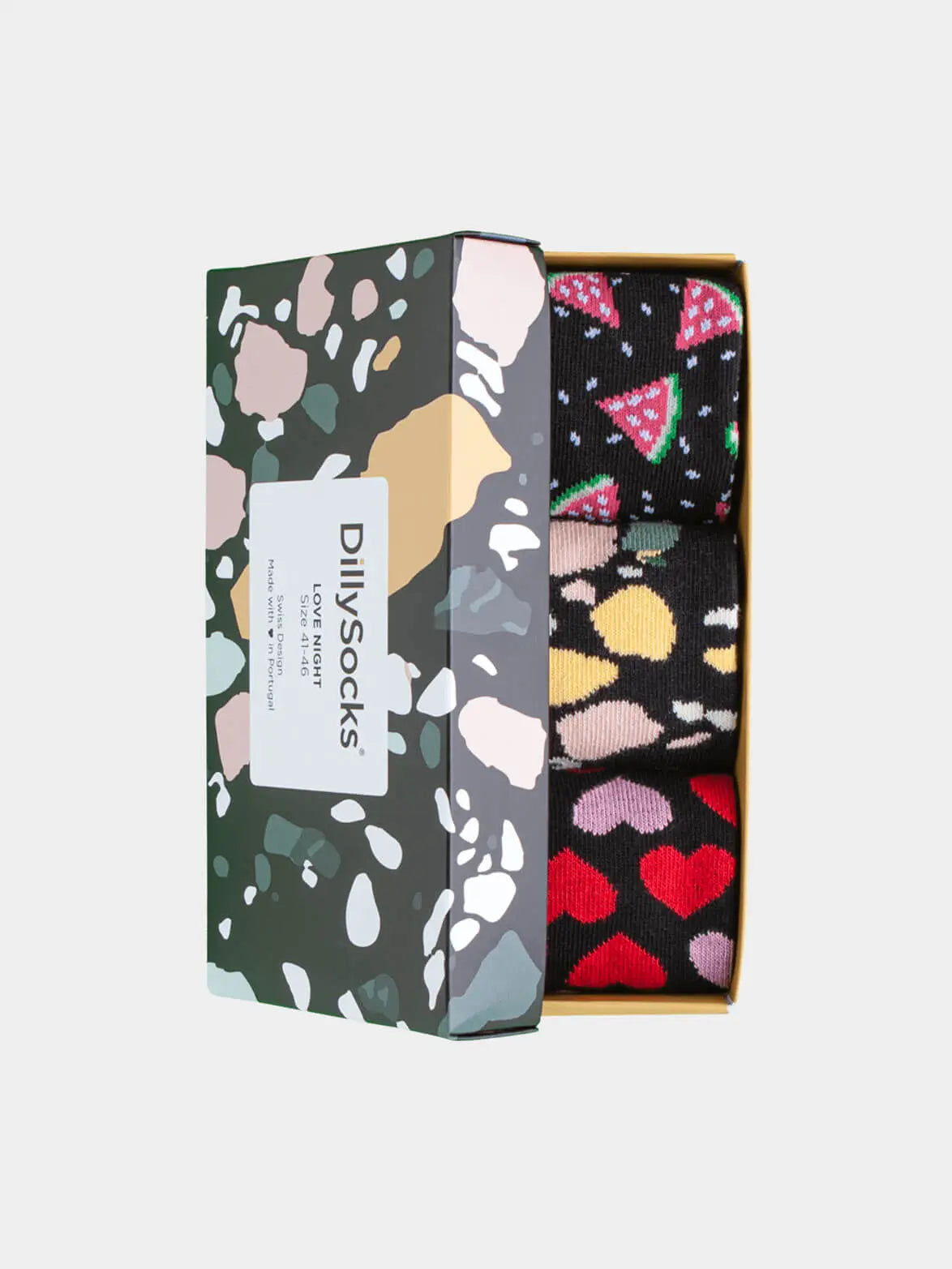 - Socken-Geschenkbox in Schwarz mit Früchte Herz Motiv/Muster von DillySocks