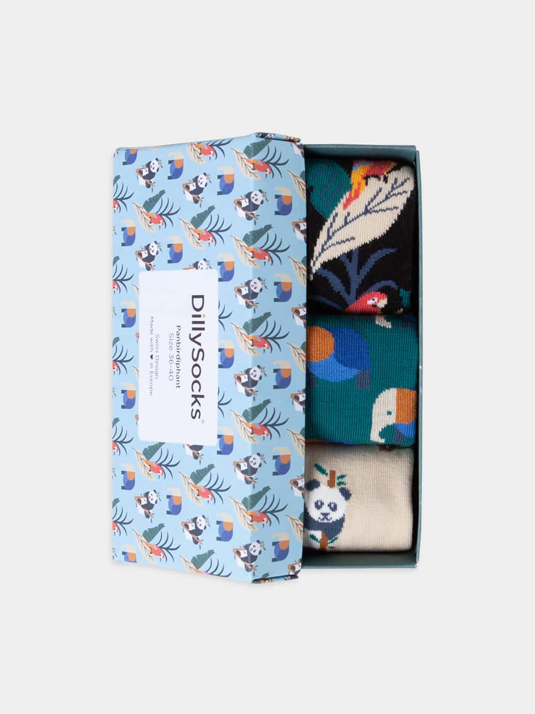 - Socken-Geschenkbox in Blau Schwarz Beige mit Tier Motiv/Muster von DillySocks