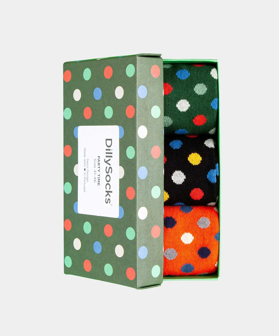 - Socken-Geschenkbox in Schwarz Orange Grün mit Punkte Motiv/Muster von DillySocks