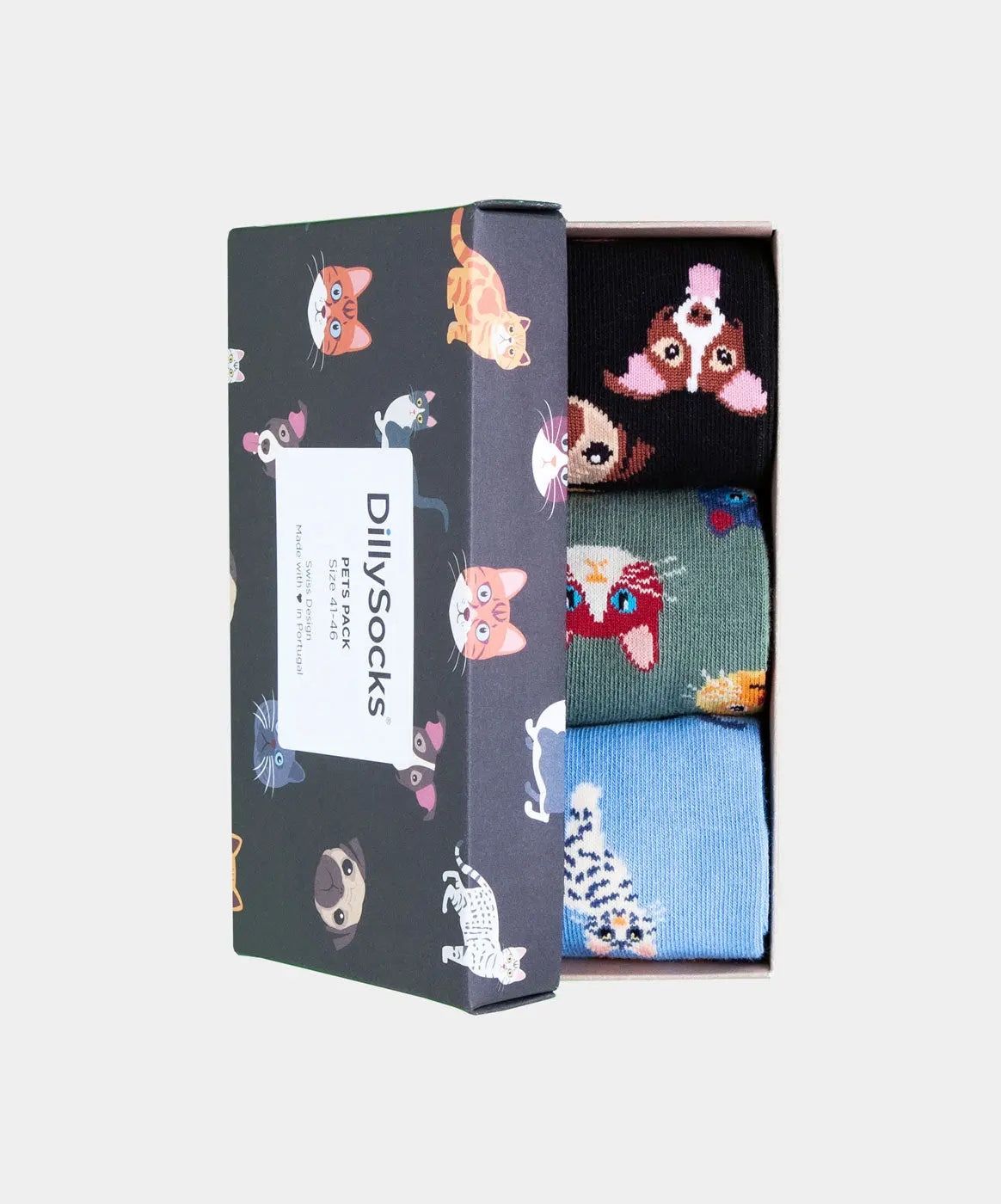 - Socken-Geschenkbox in Blau Schwarz Grün mit Hund Tier Katze Motiv/Muster von DillySocks