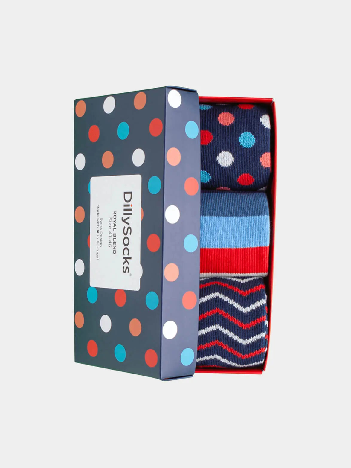 - Socken-Geschenkbox in Blau mit Punkte Streifen Motiv/Muster von DillySocks