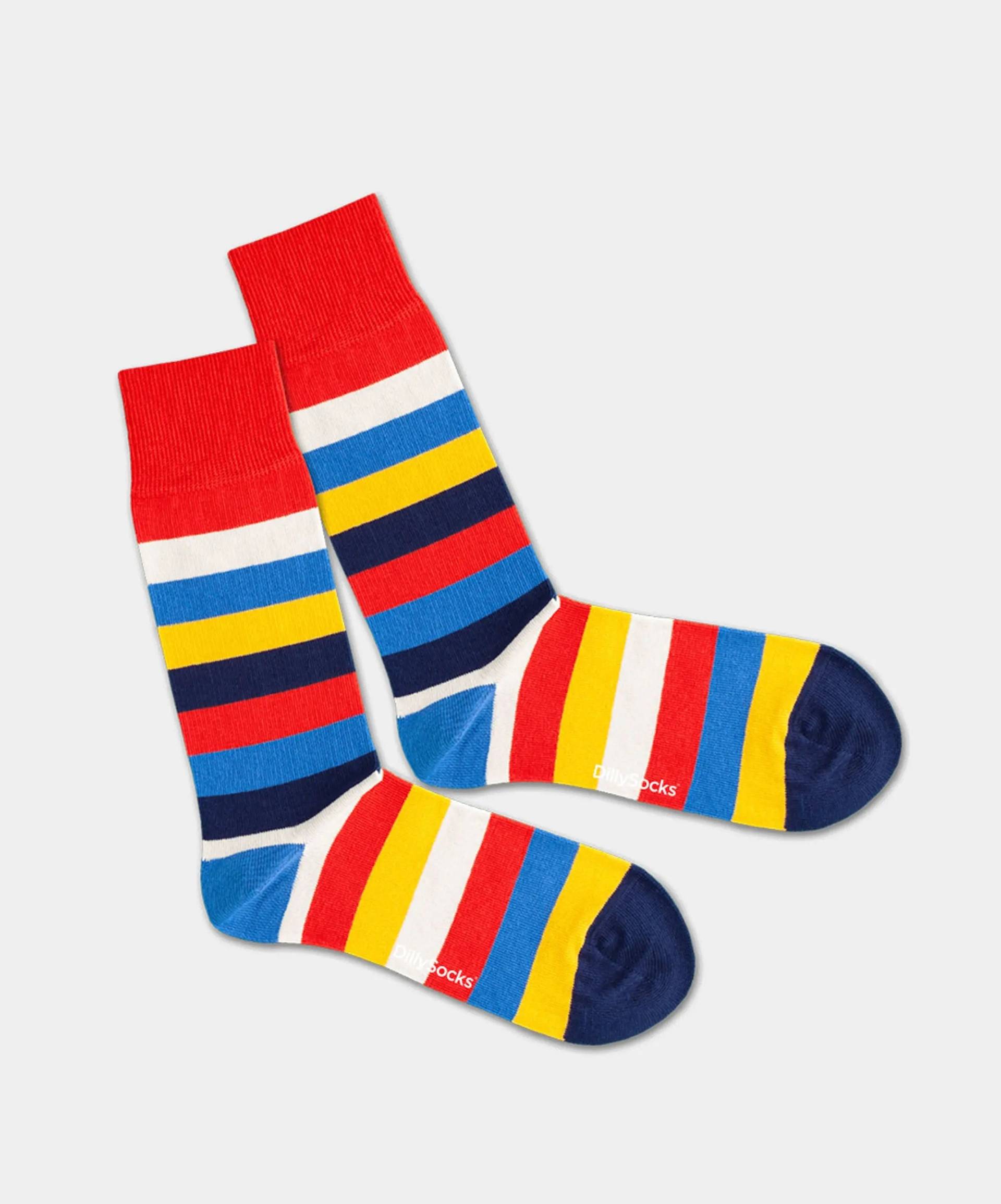 - Socken in Gelb Blau Rot mit Streifen Motiv/Muster von DillySocks