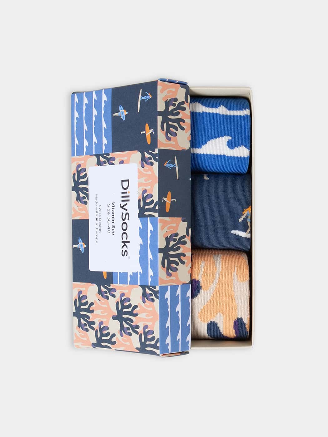 - Socken-Geschenkbox in Gelb Blau mit Wasser Motiv/Muster von DillySocks