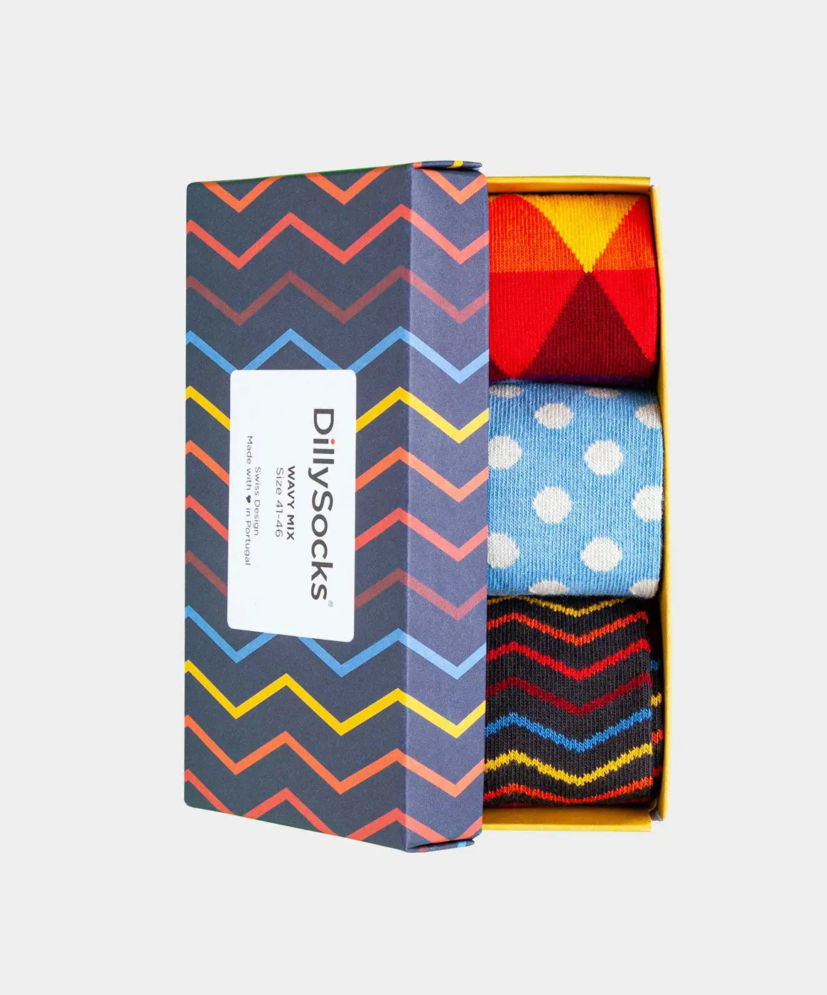 - Socken-Geschenkbox in Gelb Blau Rot mit Punkte Streifen Geometrisch Motiv/Muster von DillySocks