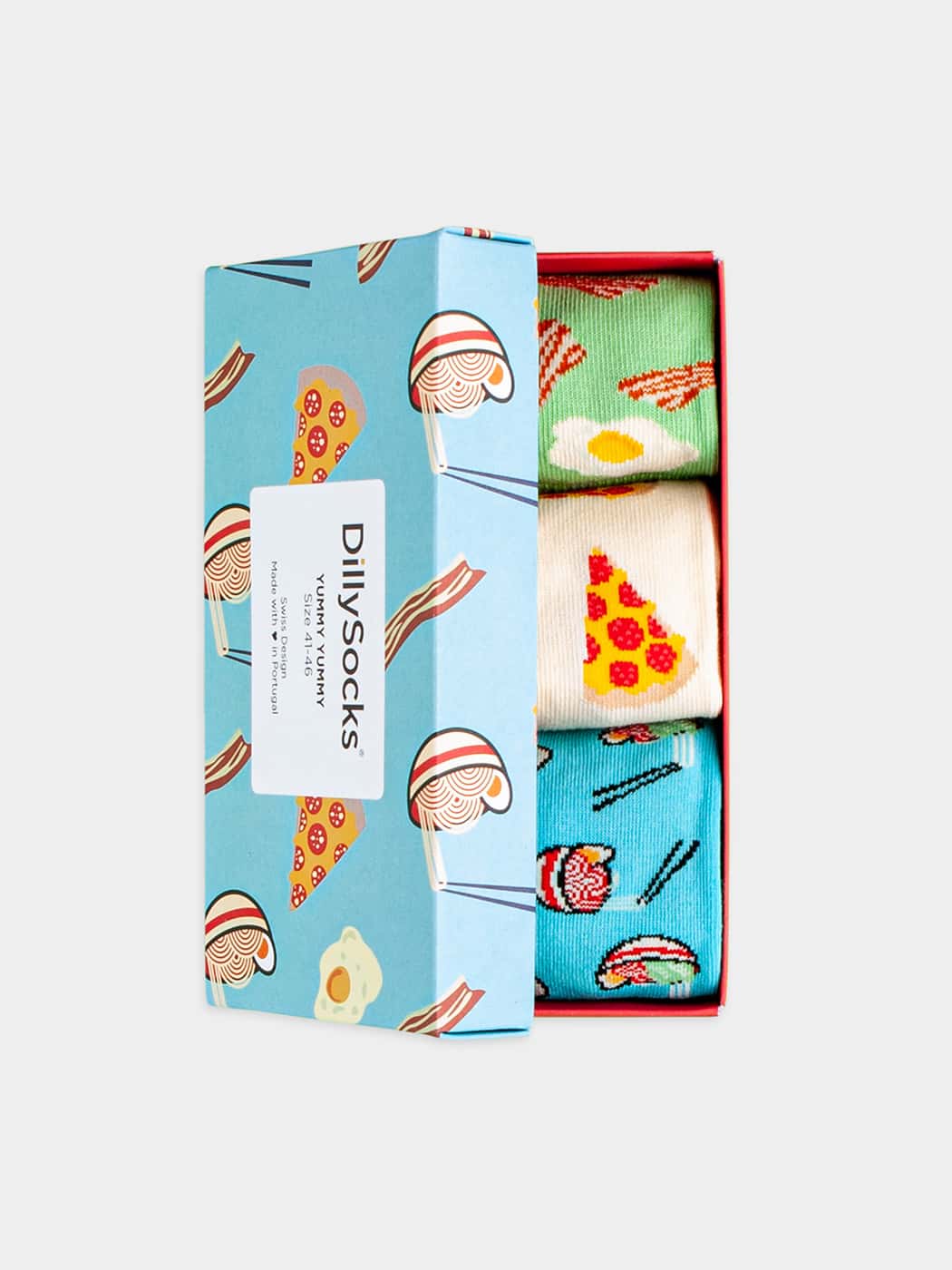 - Socken-Geschenkbox in Blau Weiss Grün mit Essen Motiv/Muster von DillySocks