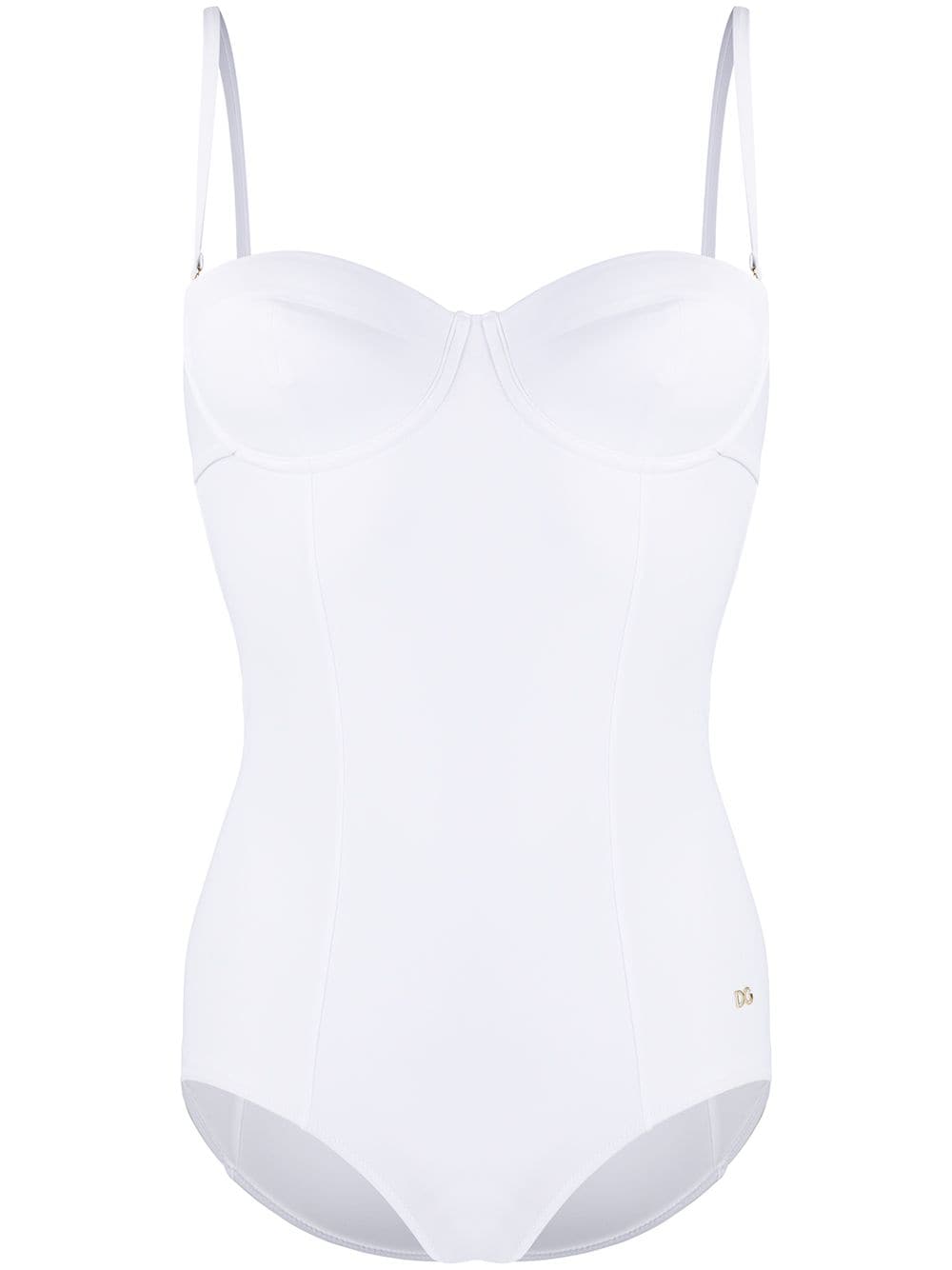 Dolce & Gabbana DG plaque bustier swimsuit - White von Dolce & Gabbana