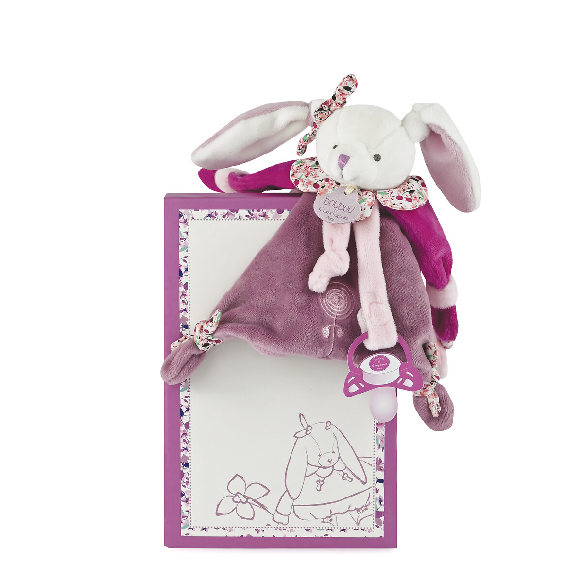 Plüschtier als Schnuller-Anhänger Hase Cerise, Klettverschluss von Doudou et Compagnie