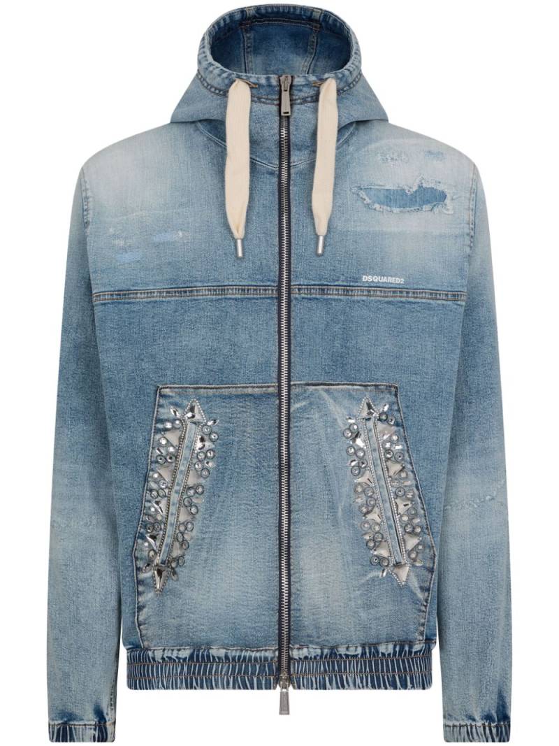 Dsquared2 crystal-embellished hooded denim bomber jacket - Blue von Dsquared2