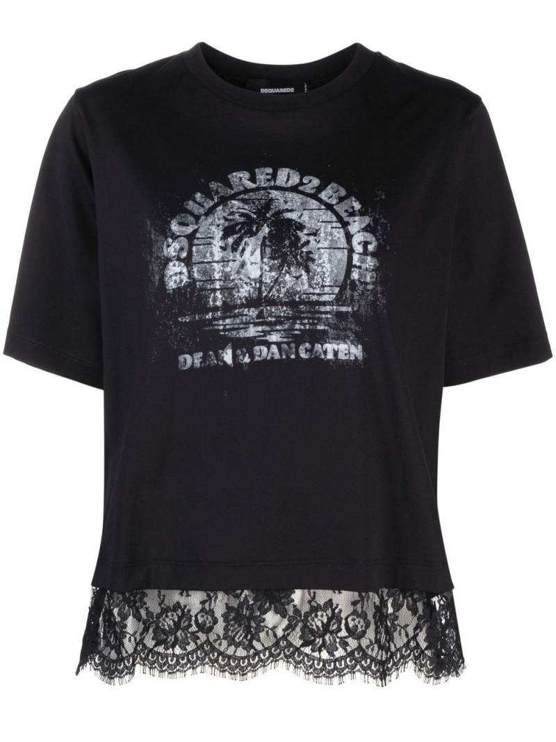 Dsquared2 lace-trim logo-print T-shirt - Black von Dsquared2