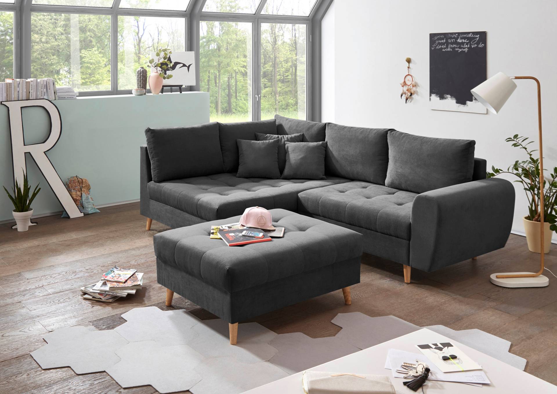 ED EXCITING DESIGN Ecksofa »Alice L-Form«, (Set), mit Hocker, Rückenkissen, Zierkissen, frei im Raum stellbar von ED EXCITING DESIGN