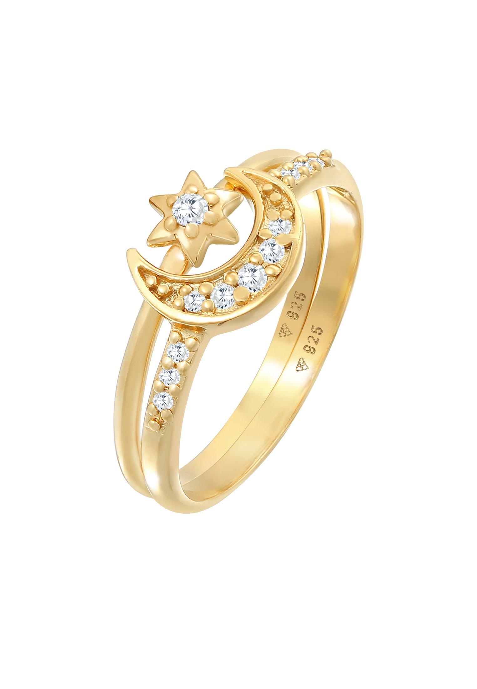 Ring Stern Mond Zirkonia Stapelring 2er Set Damen Gold 58mm von Elli