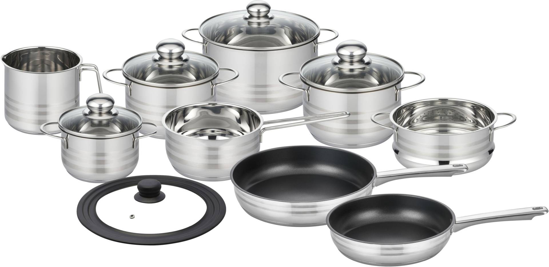 Elo Basic Topf-Set »Brillant«, Edelstahl, (Set, 14 tlg., 4 Töpfe, Kasserolle, 1 Milchtopf, 2 Pfannen, 1 Dünsteinsatz, 1 Deckel), Induktion von Elo - Basic