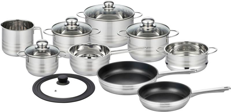Elo Basic Topf-Set »Brillant«, Edelstahl, (Set, 14 tlg., 4 Töpfe, Kasserolle, 1 Milchtopf, 2 Pfannen, 1 Dünsteinsatz, 1 Deckel), Induktion von Elo - Basic