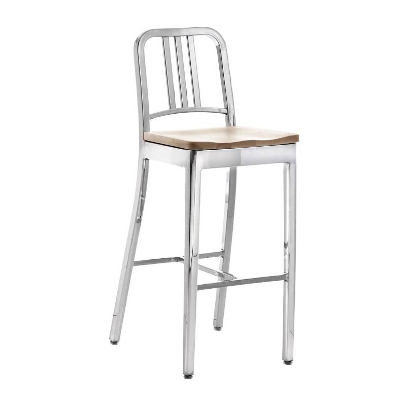 1104 Navy Barstool natural wood seat Barstuhl, Ausführung aluminium, gebürstet, Holz amerikanische weiss-eiche von Emeco