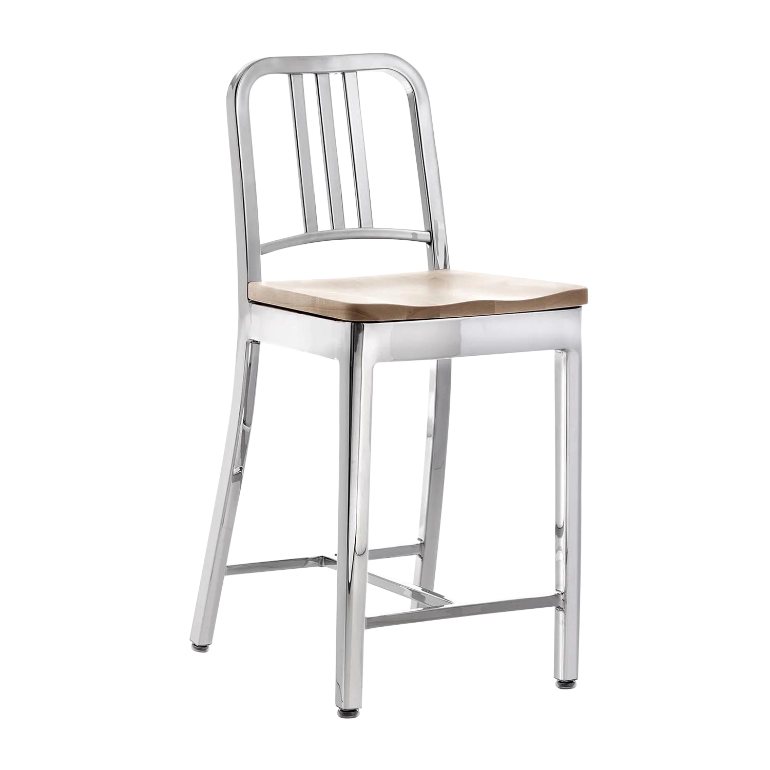 1104 Navy Barstool natural wood seat Barstuhl, Ausführung aluminium, gebürstet, Holz eiche dunkel gebeizt von Emeco