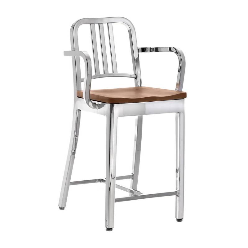 1104 Navy Counter Arms Stool natural wood seat Hochstuhl, Ausführung aluminium, gebürstet, Holz kirschbaum natur von Emeco