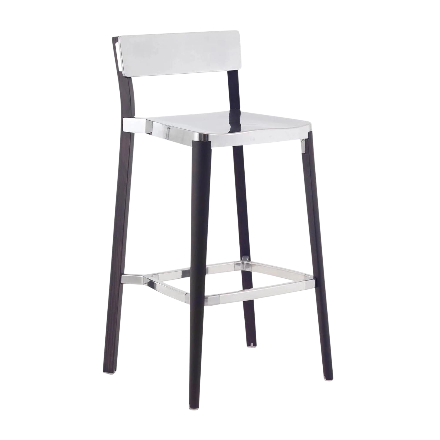 Lancaster Barstool Barstuhl, Sitz/Rücken aluminium, dark grey pulverbeschichtet, Gestell esche, natur hell von Emeco