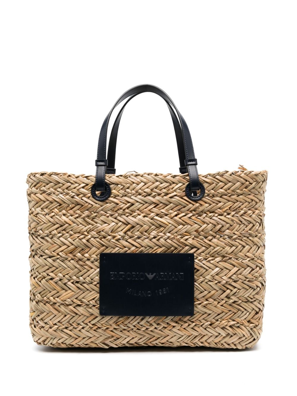 Emporio Armani logo-patch woven-raffia tote beg - Neutrals von Emporio Armani