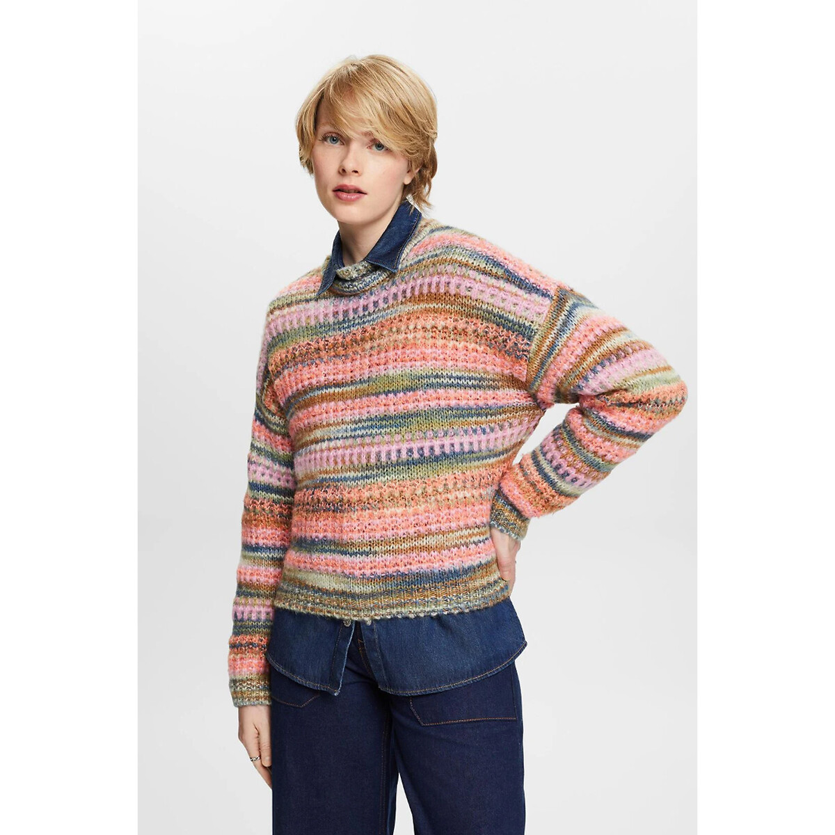 Bunter Pullover mit rundem Ausschnitt, melierter Strick von Esprit