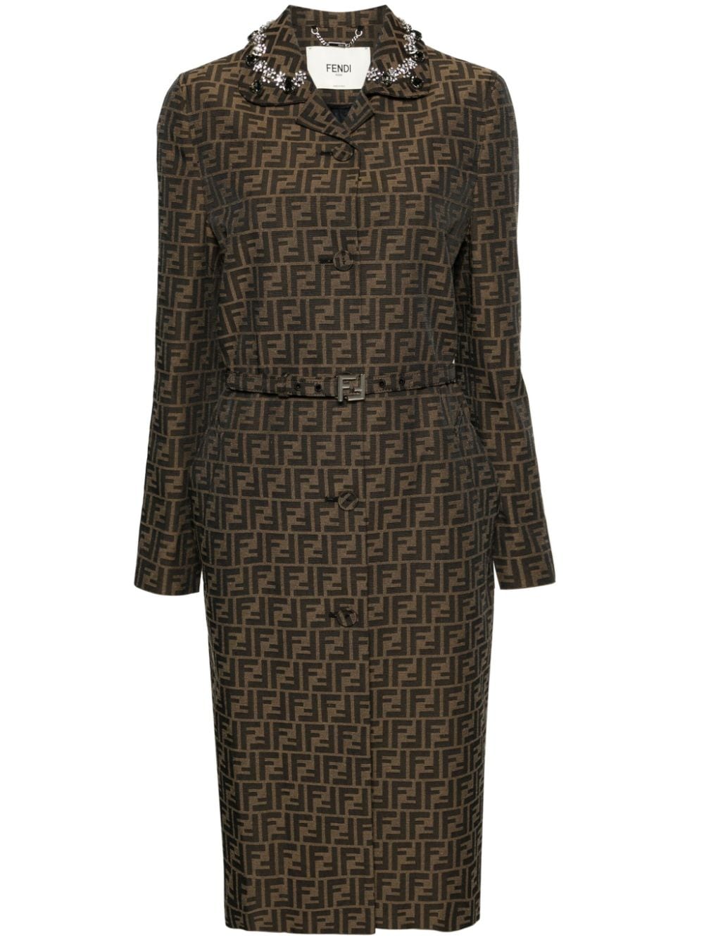 FENDI FF-patterned crystal-embellished long coat - Brown von FENDI