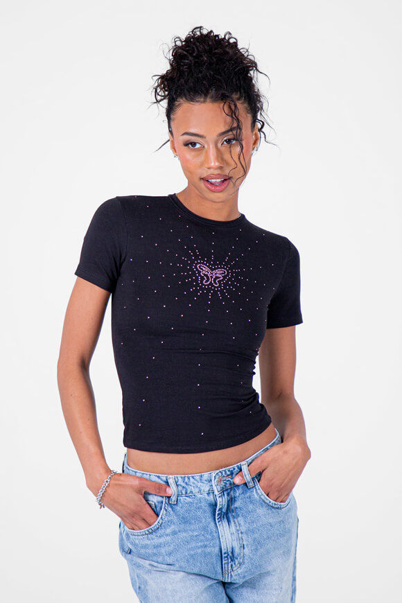 Felicious Glowing Butterfly Crop T-Shirt | Black | Damen  | L von Felicious