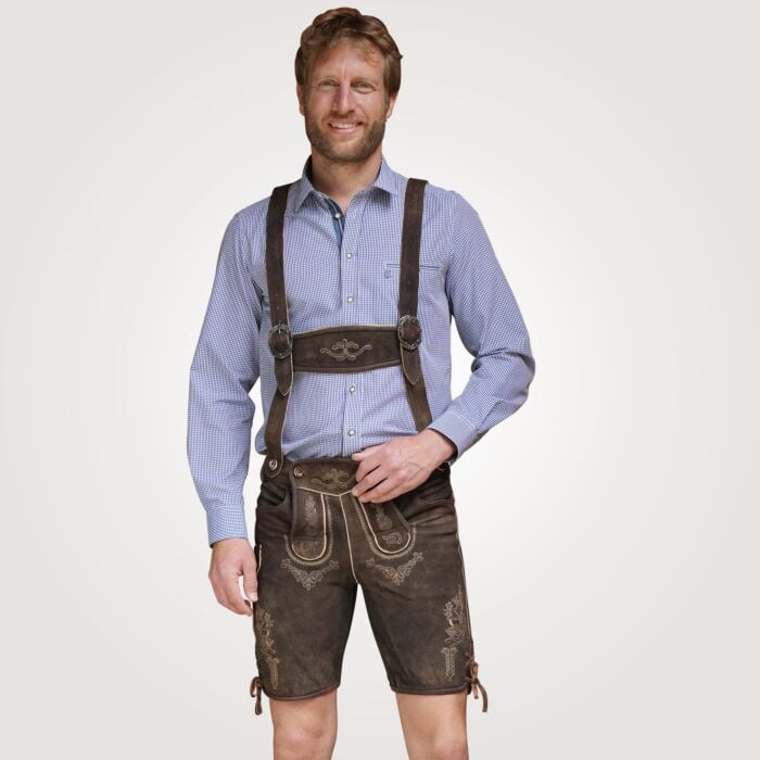 Kurze Trachten-Lederhose mit Hosenträgern, dunkelbraun, 58 von Fuchs