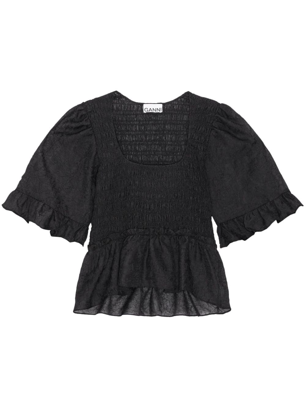 GANNI Crinkled Georgette Smock Blouse - Black von GANNI