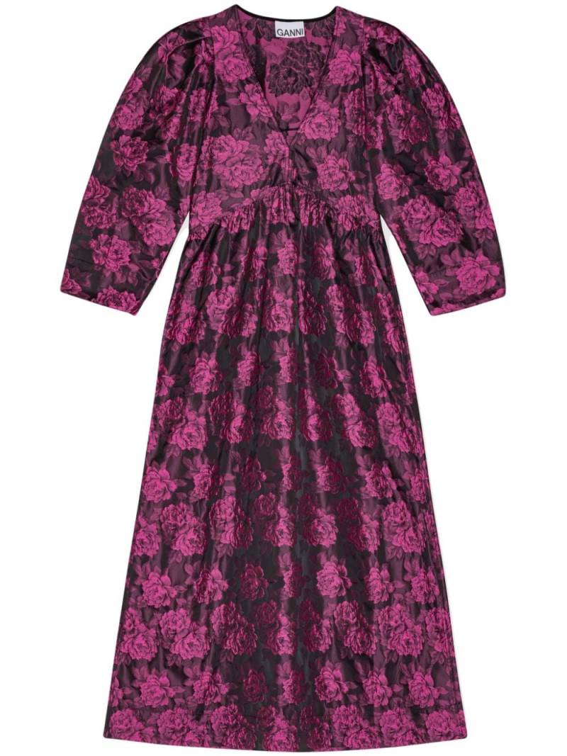 GANNI botanical-jacquard puff-sleeves midi dress - Pink von GANNI