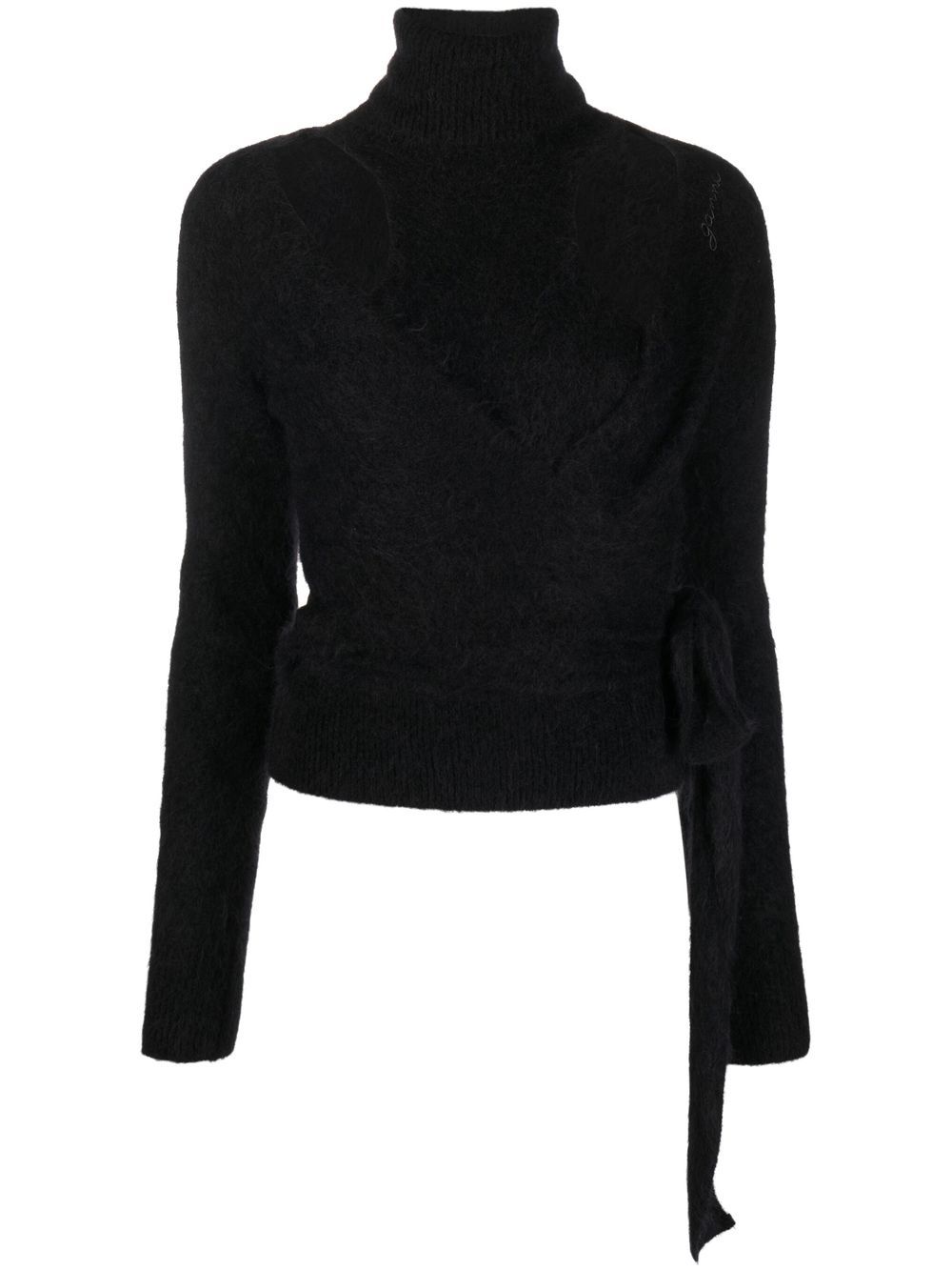 GANNI brushed cut-out wrap top - Black von GANNI