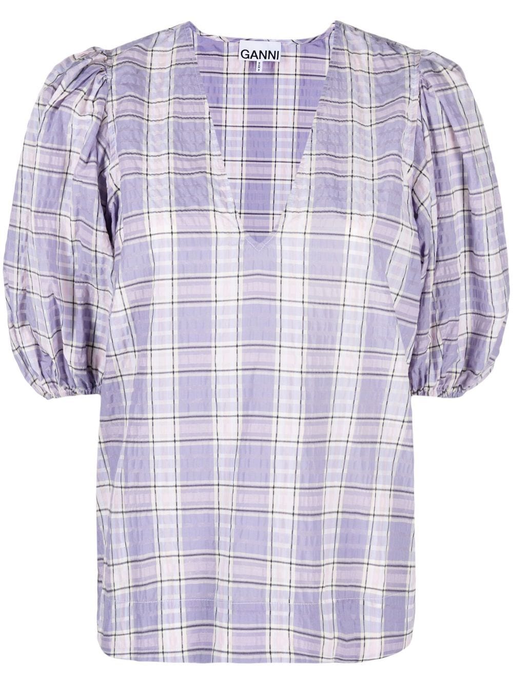 GANNI check-patterned puff sleeve blouse - Purple von GANNI